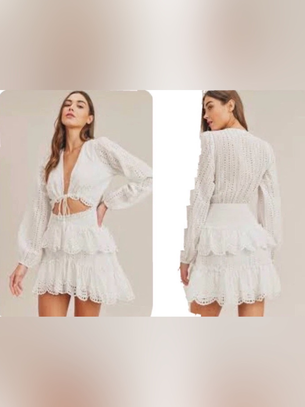 White Eyelet Mable dress v-neck open waist short ruffle Bridal M Boho Festival
